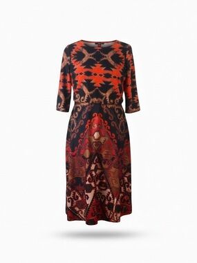 Metaphor 12 red orange brown retro southwestern knit midi fit &‎ flare dress